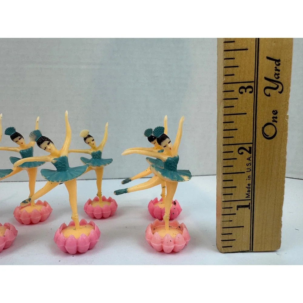 12 Vintage Plastic Ballerina Cake Toppers Teal Pink Lotus Base Party Favors